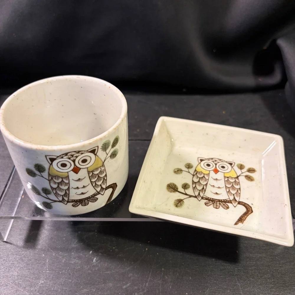 Vintage Speckled Ceramic Owl Tea Cup and Square Saucer Set Cream Brown